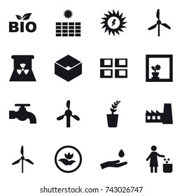 16 vector icon set : bio, sun power, windmill, nuclear power, box, panel house, flower in window, water tap, seedling, factory, ecology, hand and drop, garbage bin