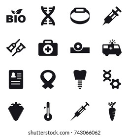 16 vector icon set : bio, dna, smart bracelet, berry, thermometer, syringe, carrot