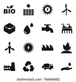 16 vector icon set : bio, sun power, windmill, box, water tap, seedling, sprouting, factory, recycling, trash truck, hand and drop