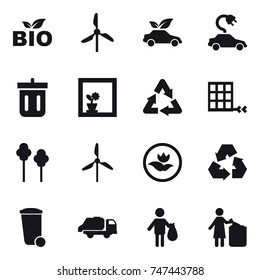16 vector icon set : bio, windmill, eco car, electric car, bin, flower in window, trees, ecology, recycling, trash bin, trash truck, trash, garbage bin