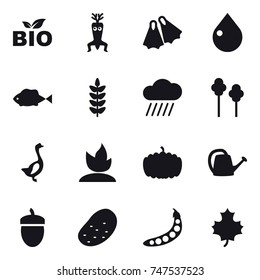 16 vector icon set : bio, dna modify, flippers, drop, rain cloud, trees, goose, sprouting, pumpkin, watering can, acorn, potato, peas, maple leaf