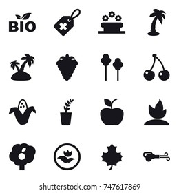 16 vector icon set : bio, flower bed, palm, island, berry, trees, cherry, corn, seedling, apple, sprouting, garden, ecology, maple leaf, blower
