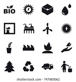 16 vector icon set : bio, sun power, box, flower in window, seedling, sprouting, hand leaf, spruce, recycling, trash truck, garbage bin