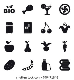 16 vector icon set : bio, chicken leg, cocktail, cooler fan, fridge, cherry, corn, apple, pear, beet, carrot, potato, peas, shampoo, stack of towels