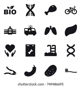 16 vector icon set : bio, dna, chicken leg, bike, pool, walnut crack, eggplant, potato, tooth brush