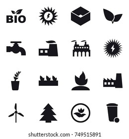 16 vector icon set : bio, sun power, box, water tap, seedling, sprouting, factory, windmill, spruce, ecology, trash bin