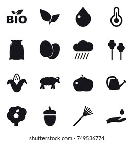 16 vector icon set : bio, drop, rain cloud, trees, corn, sheep, tomato, watering can, garden, acorn, rake, hand and drop