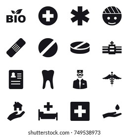 16 vector icon set : bio, real estate, hospital, first aid, hand and drop