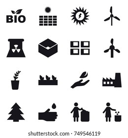 16 vector icon set : bio, sun power, windmill, nuclear power, box, panel house, seedling, hand leaf, factory, spruce, hand drop, garbage bin