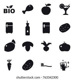 16 vector icon set : bio, chicken leg, cocktail, fridge, mushroom, beet, tomato, carrot, potato, tooth brush, wiping