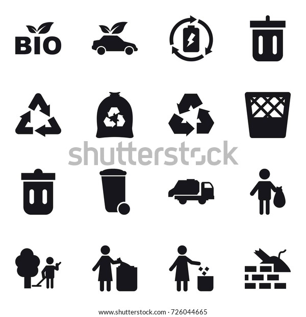 16 vector icon set : bio, eco car,\
battery charge, bin, garbage bag, recycling, trash bin, trash\
truck, trash, garden cleaning, garbage bin, construct\
garbage