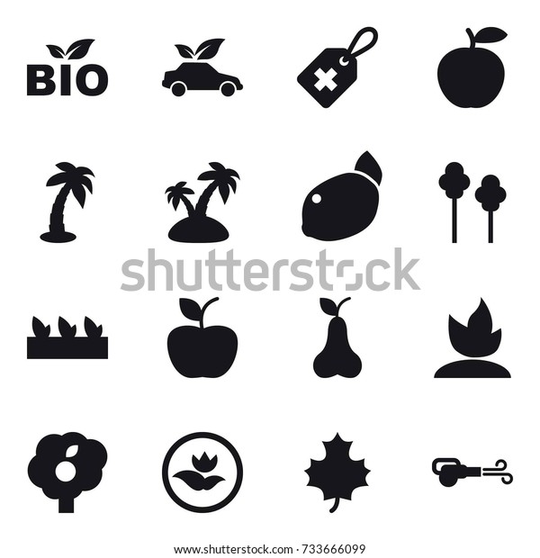 16 vector icon set : bio, eco car, palm, island,
trees, seedling, apple, pear, sprouting, garden, ecology, maple
leaf, blower