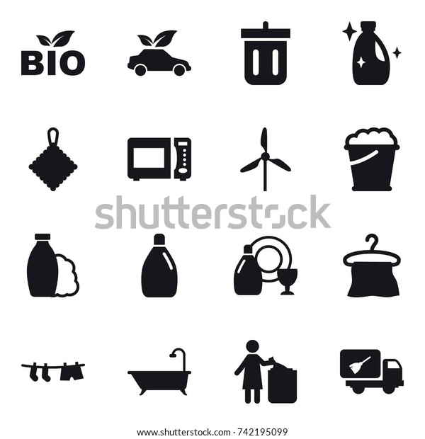 16 vector icon set : bio,\
eco car, bin, cleanser, rag, windmill, foam bucket, shampoo, dish\
cleanser, hanger, drying clothe, bath, garbage bin, home call\
cleaning