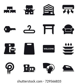 16 vector icon set : block wall, japanese house, air conditioning, key, hanger, stool, armchair, coffee maker, cutting board, welcome mat, plate washing, wiping, iron