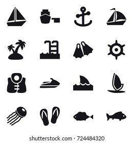 16 vector icon set : boat, sail boat, island, pool, flippers, hand-wheel, life vest, jet ski, shark flipper, windsurfing, jellyfish, flip-flops, fish