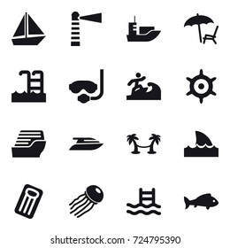 16 vector icon set : boat, lighthouse, lounger, pool, diving mask, surfer, handwheel, cruise ship, yacht, palm hammock, shark flipper, inflatable mattress, jellyfish, fish