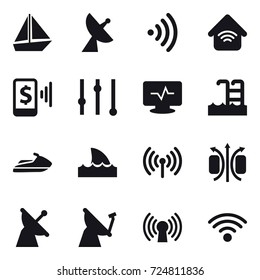 16 vector icon set : boat, satellite antenna, wireless, wireless home, mobile pay, equalizer, pool, jet ski, shark flipper