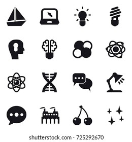 16 vector icon set : boat, notebook, bulb, bulb head, bulb brain, atom core, atom, dna, discussion, table lamp, ballon, cherry, shining