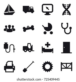 16 vector icon set : boat, truck, monitor arrow, dna, group, bone, baby stroller, hospital, door, shovel, sun, farm fence