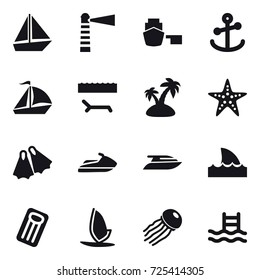 16 vector icon set : boat, lighthouse, sail boat, lounger, island, starfish, flippers, jet ski, yacht, shark flipper, inflatable mattress, windsurfing, jellyfish, pool