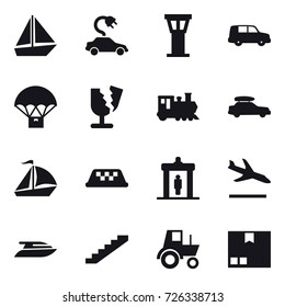 16 vector icon set : boat, electric car, airport tower, train, car baggage, sail boat, taxi, detector, arrival, yacht, stairs, tractor, package