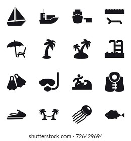 16 vector icon set : boat, lounger, palm, island, pool, flippers, diving mask, surfer, life vest, jet ski, palm hammock, jellyfish