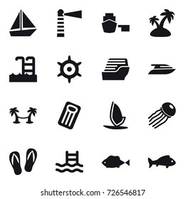 16 vector icon set : boat, lighthouse, island, pool, handwheel, cruise ship, yacht, palm hammock, inflatable mattress, windsurfing, jellyfish, flip-flops, fish