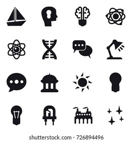 16 vector icon set : boat, bulb head, bulb brain, atom, dna, discussion, table lamp, ballon, goverment house, sun, bulb, shining