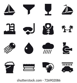16 vector icon set : boat, funnel, sail boat, pool, diving mask, life vest, palm hammock, jellyfish, drop, rain cloud, water pump, foam bucket, sponge, wiping, car wash