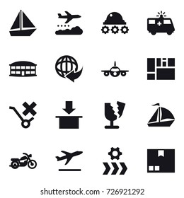 16 vector icon set : boat, weather management, lunar rover, airport building, sail boat, motorcycle, departure, package