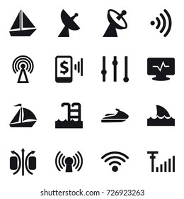 16 vector icon set : boat, satellite antenna, wireless, antenna, mobile pay, equalizer, sail boat, pool, jet ski, shark flipper