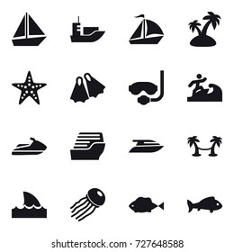 16 vector icon set : boat, sail boat, island, starfish, flippers, diving mask, surfer, jet ski, cruise ship, yacht, palm hammock, shark flipper, jellyfish, fish