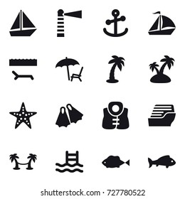 16 vector icon set : boat, lighthouse, sail boat, lounger, palm, island, starfish, flippers, life vest, cruise ship, palm hammock, pool, fish