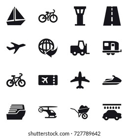 16 vector icon set : boat, bike, airport tower, trailer, ticket, airplane, jet ski, cruise ship, wheelbarrow, car wash