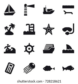 16 vector icon set : boat, lighthouse, lounger, island, pool, starfish, diving mask, surfer, handwheel, cruise ship, shark flipper, inflatable mattress, jellyfish, fish