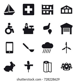 16 vector icon set : boat, modular house, greenhouse, invalid, reception, golf, garage, ladle, rain cloud, windmill, rabbit, scarecrow, paper towel, outsource