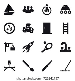 16 vector icon set : boat, group, rocket, lunar rover, modern architecture, door, stairs, tennis, water tap, big spoon, knife, rake