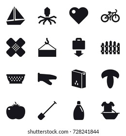 16 vector icon set : boat, virus, heart, bike, baggage get, fence, kolander, cook glove, shovel, cleanser, handle washing