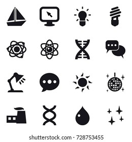 16 vector icon set : boat, monitor arrow, bulb, atom, dna, discussion, table lamp, ballon, sun, disco ball, drop, shining