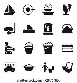 16 vector icon set : boat, cell corection, fountain, diving mask, shark flipper, kettle, water pump, bucket, foam bucket, sponge, car wash, foam basin, toilet cleaning, floor washing