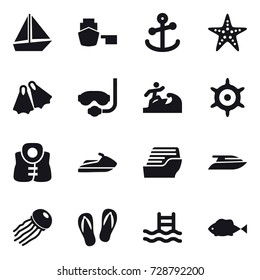 16 vector icon set : boat, starfish, flippers, diving mask, surfer, handwheel, life vest, jet ski, cruise ship, yacht, jellyfish, flip-flops, pool