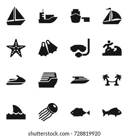 16 vector icon set : boat, sail boat, starfish, flippers, diving mask, surfer, jet ski, cruise ship, yacht, palm hammock, shark flipper, jellyfish, fish