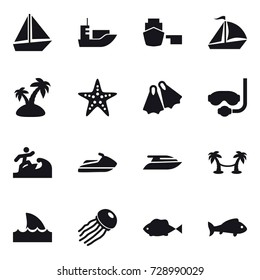 16 vector icon set : boat, sail boat, island, starfish, flippers, diving mask, surfer, jet ski, yacht, palm hammock, shark flipper, jellyfish, fish