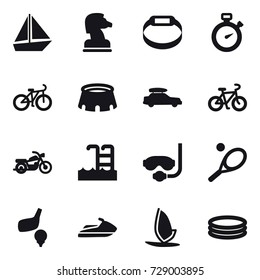 16 vector icon set : boat, chess horse, smart bracelet, stopwatch, bike, stadium, car baggage, motorcycle, pool, diving mask, tennis, golf, jet ski, windsurfing, inflatable pool