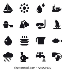 16 vector icon set : boat, round around, flippers, diving mask, windsurfing, drop, plate washing, measuring cup, rain cloud, water pump, water tap, wiping