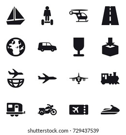16 vector icon set : boat, hoverboard, plane, train, trailer, motorcycle, ticket, jet ski