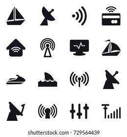 16 vector icon set : boat, satellite antenna, wireless, tap to pay, wireless home, antenna, sail boat, jet ski, shark flipper