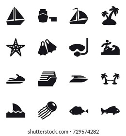 16 vector icon set : boat, sail boat, island, starfish, flippers, diving mask, surfer, jet ski, cruise ship, yacht, palm hammock, shark flipper, jellyfish, fish