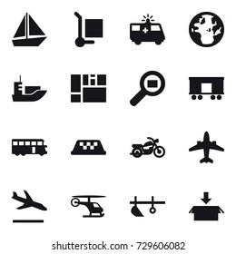 16 vector icon set : boat, cargo stoller, bus, taxi, motorcycle, airplane, arrival, plow, package