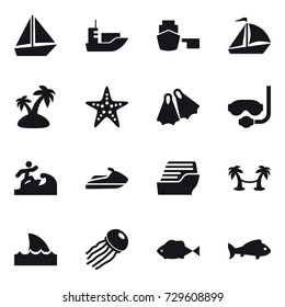 16 vector icon set : boat, sail boat, island, starfish, flippers, diving mask, surfer, jet ski, cruise ship, palm hammock, shark flipper, jellyfish, fish